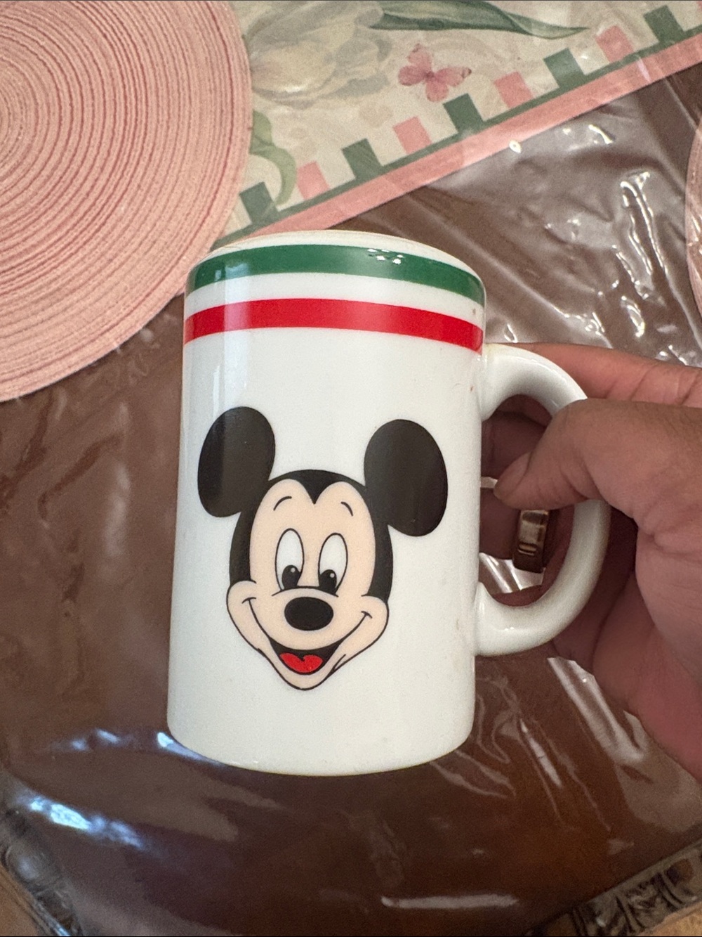 Disney White Shaker with Mickey Face and Red & Green Stripes